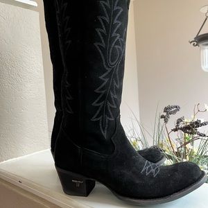 Lane Fire-away black suede tall boots. SOLD